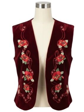 LORETTA CAPONI BORDEAUX HIBISCUS FLORAL EMBROIDERED CABANA LASTRA VELVET GILET V